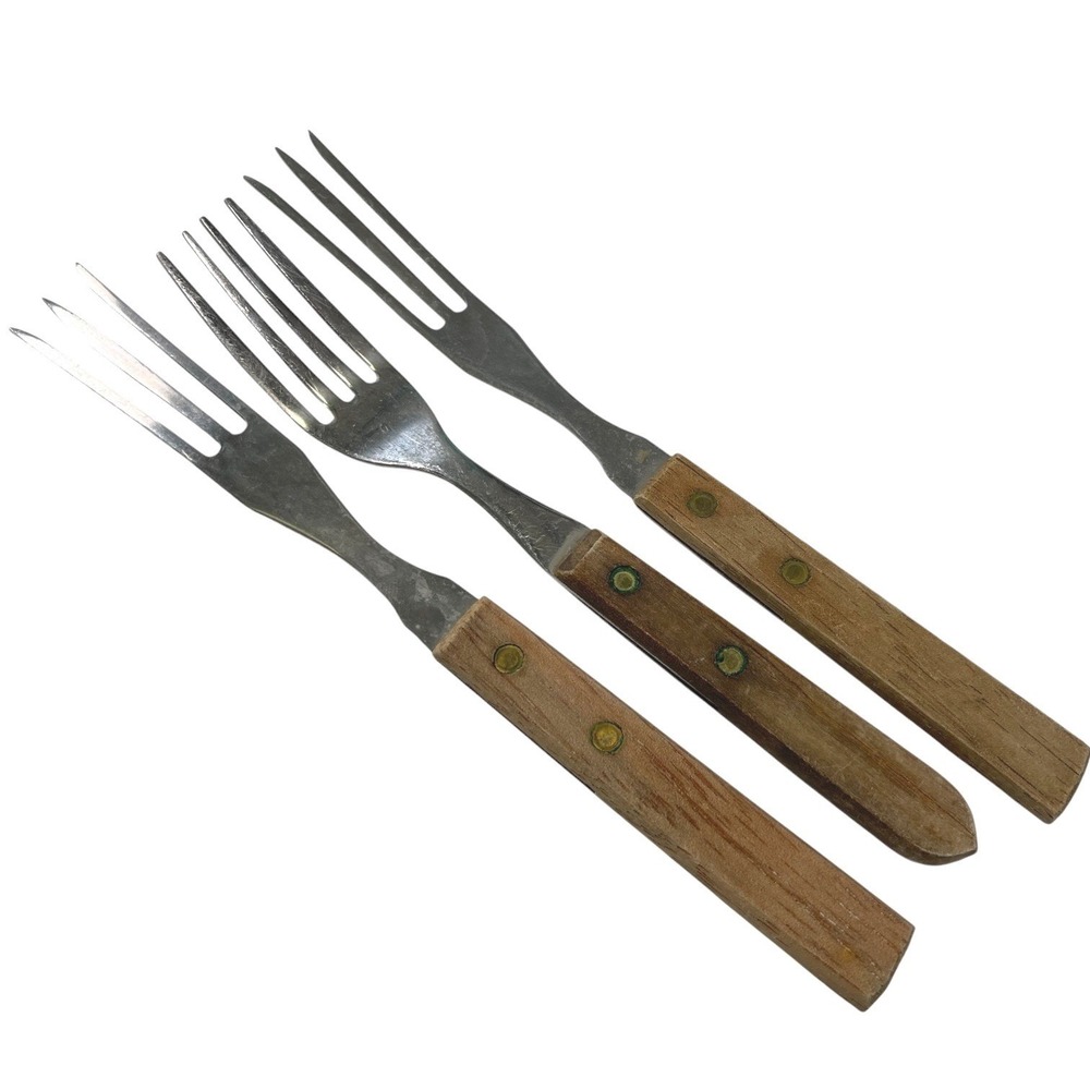 Stainless Steel Brown Wood Handle Forks Set of 3 Riveted Mid-Century Modern MCM